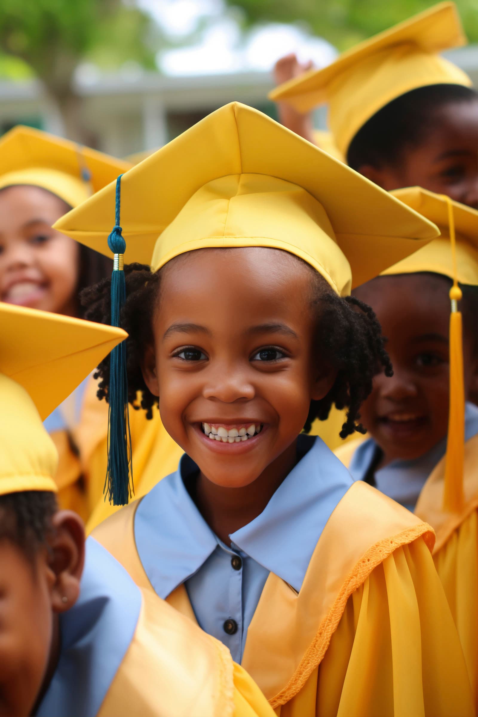 Jeunes élèves souriants en toge et mortier, lors d'une cérémonie de fin d'année